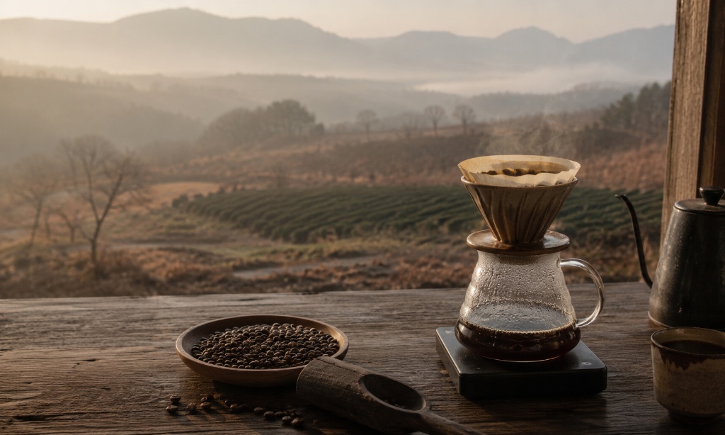 窓辺でコーヒーを淹れる、阿蘇農園を望む風景